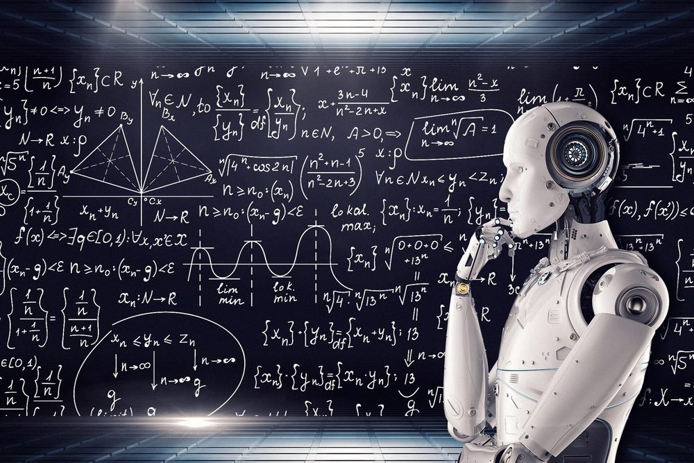 An abstract rendering of a robot beside handwritten equations
