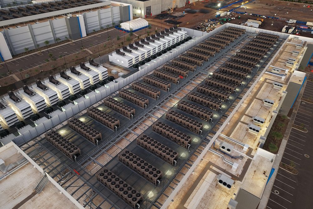 Rows of server halls seen from above
