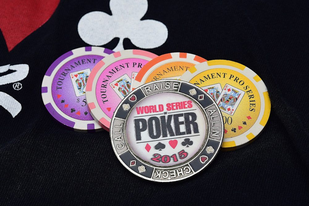 World Series of Poker branded tournament chips fanned out